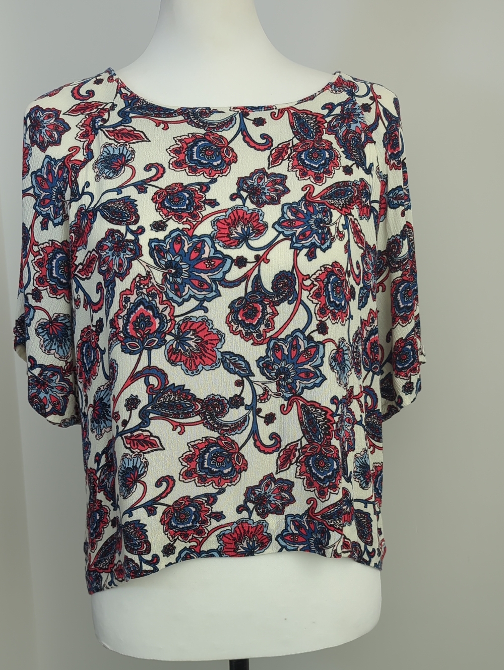 Bobeau Boho Floral Paisley Boatneck Doleman Blouse Top Short-Sleeve MED PETITE